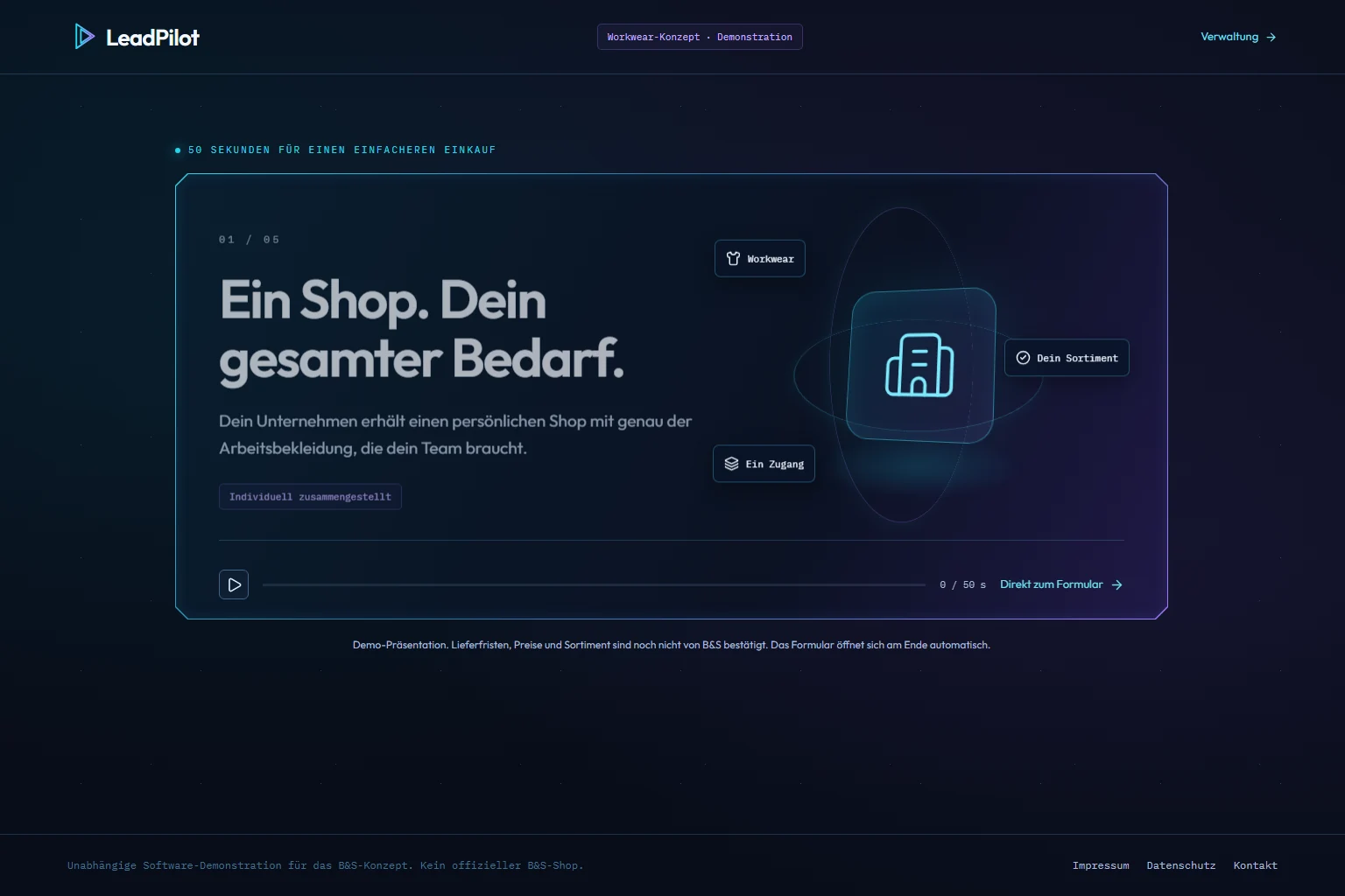 LeadPilot-Demonstration mit einer animierten Einkaufsreise für Arbeitskleidung