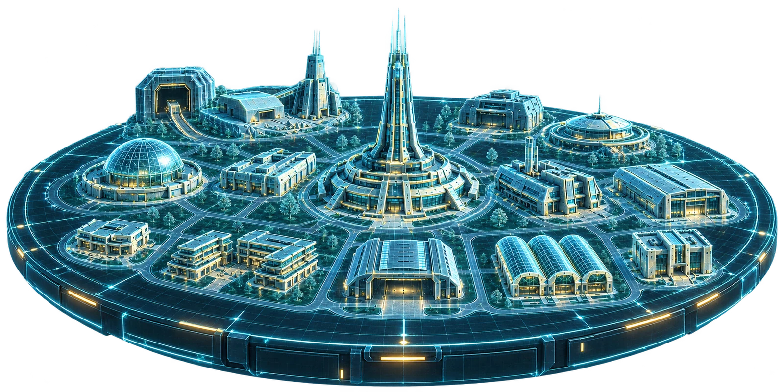 Holografische Bastion aus Narbenkrieg mit Gebäuden und Energieachsen
