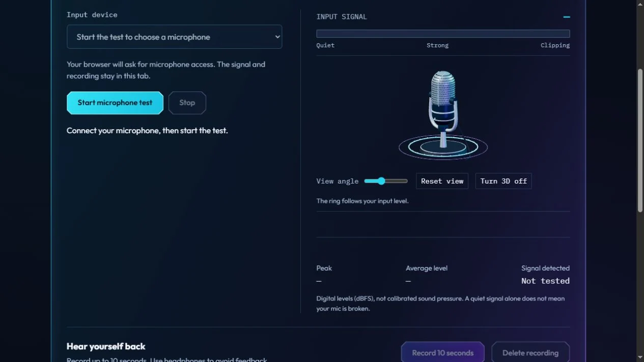 Signal-Mikrofontest mit einer dreidimensionalen Audioanzeige und Browser-Steuerung